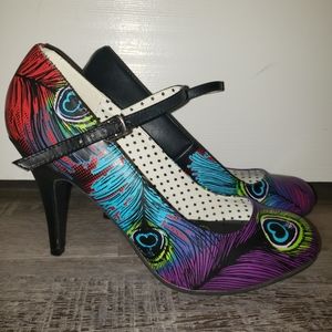 TUK ModCloth Peacock Feather Print Mary Jane Heels